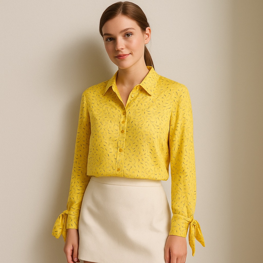 Maeve by Anthropologie Yellow Printed Button-Down Tie-Cuff Blouse Size 14